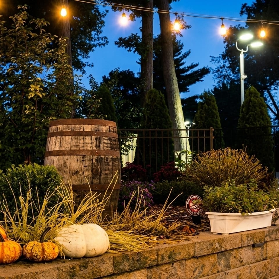 Outdoor patio at dusk with string lights, pumpkins, a barrel, and lush greenery.