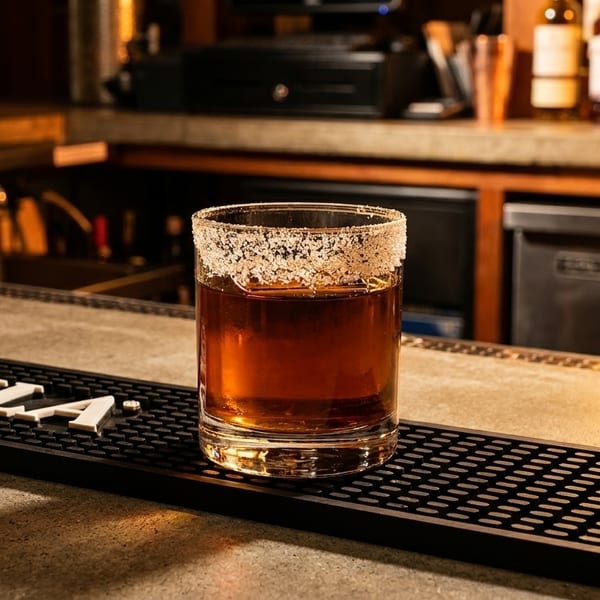 A salt-rimmed cocktail sits on a bar mat with "QUILA" branding, with bottles in the background.