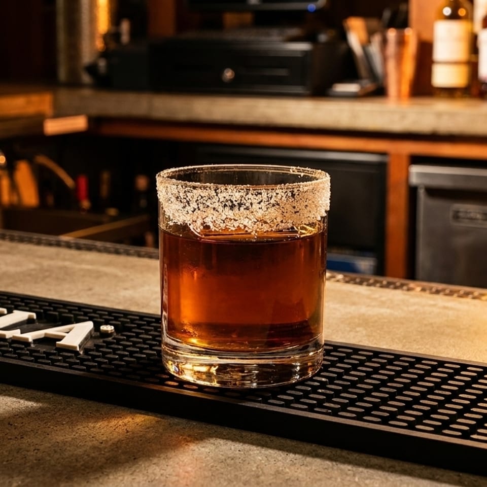 A salt-rimmed cocktail sits on a bar mat with "QUILA" branding, with bottles in the background.