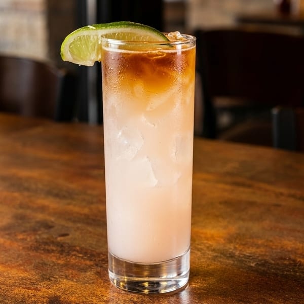 A tall glass of iced cocktail with a lime wedge on a wooden table.