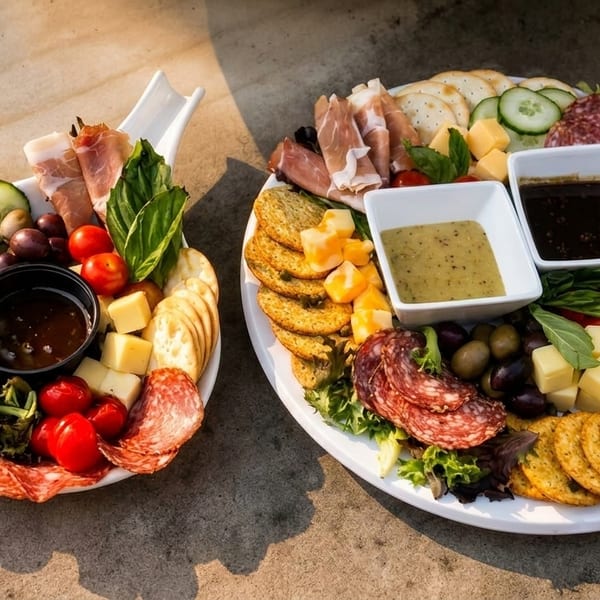 Two charcuterie boards overflowing with meats, cheeses, crackers, olives, tomatoes, and dipping sauces.