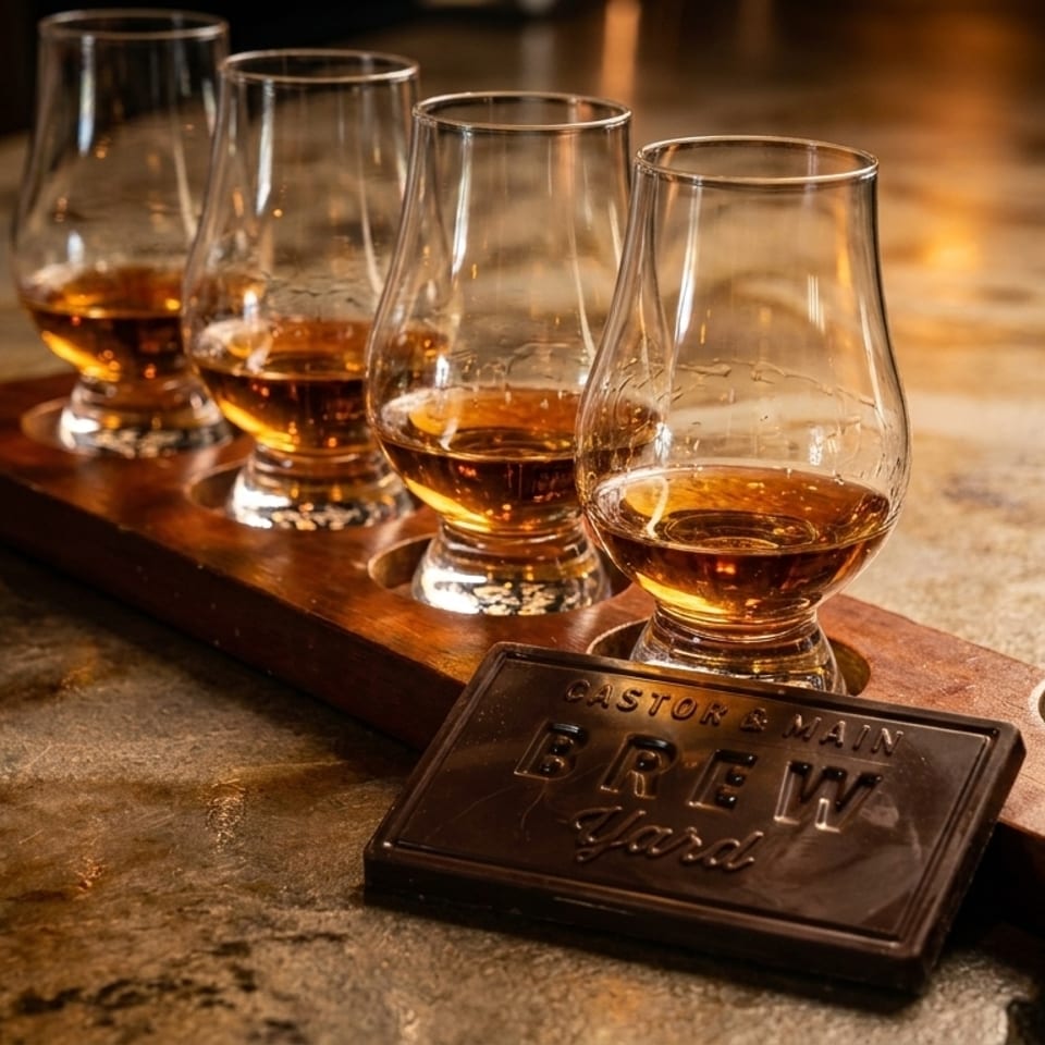 Four whiskey glasses on a wooden flight board with a "Brew Yard" chocolate bar on a stone counter.