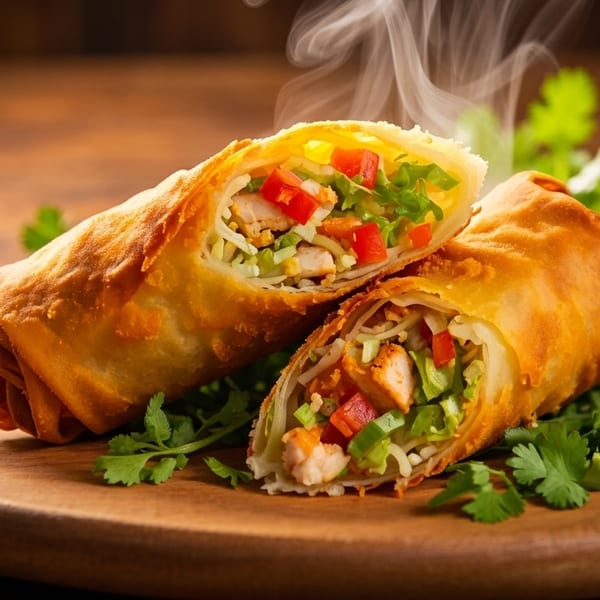 Steaming hot, crispy spring rolls filled with chicken, lettuce, and tomatoes, served with lime and sauce.